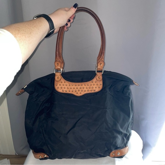Rebecca Minkoff Studded Nylon Black Brown Leather Packable Foldable Tote Bag - Picture 1 of 13
